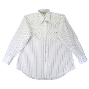 Ely Cattleman Mens White Striped Western Pearl Snap Shirt 17.5 x 35 Vintage L XL
